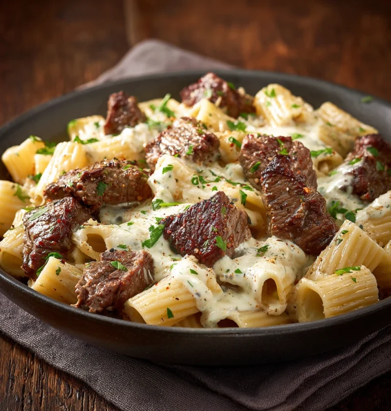 Garlic Butter Steak Bites Creamy Alfredo Rigatoni Recipe