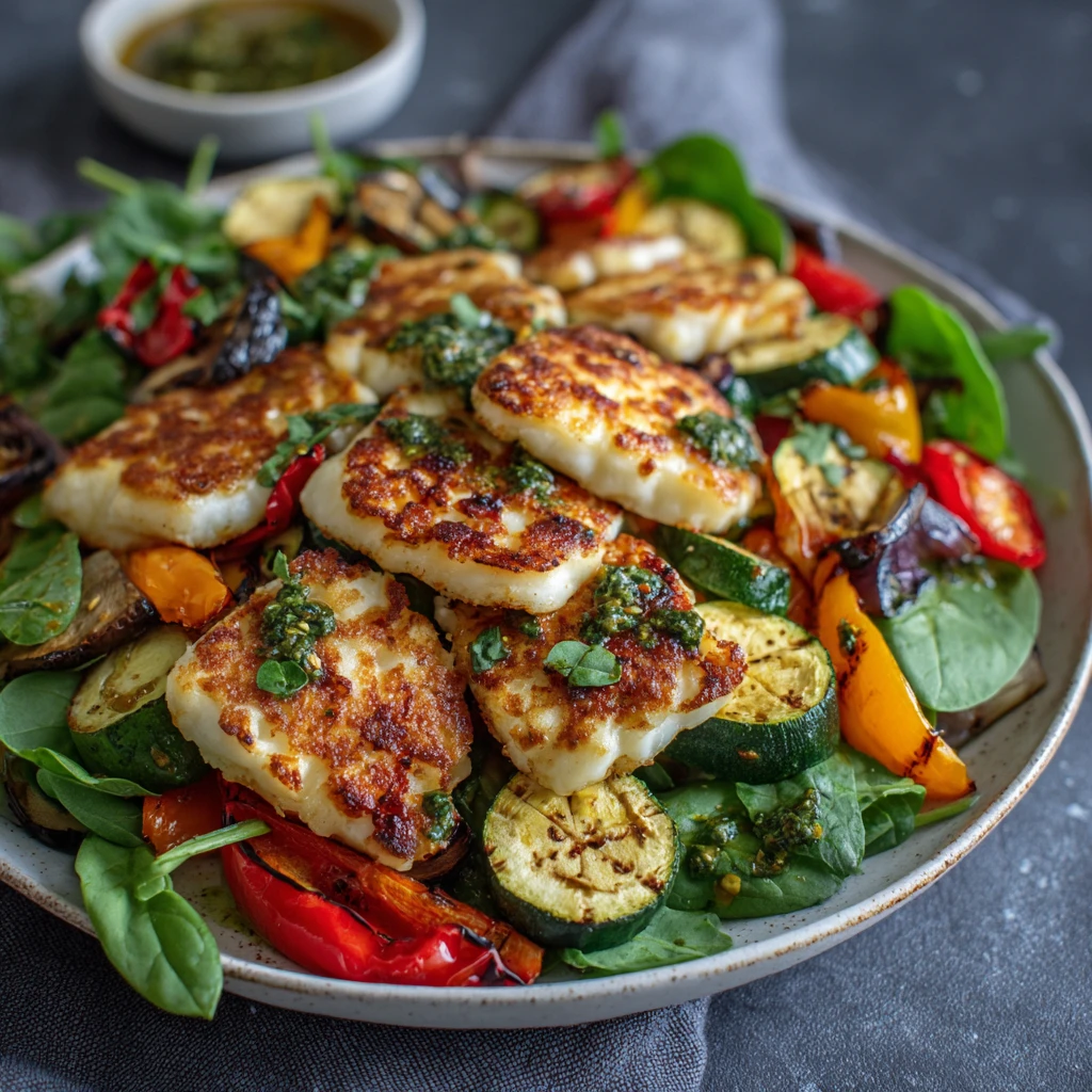 Grilled Halloumi with Roasted Veggies & Lemon Dressing