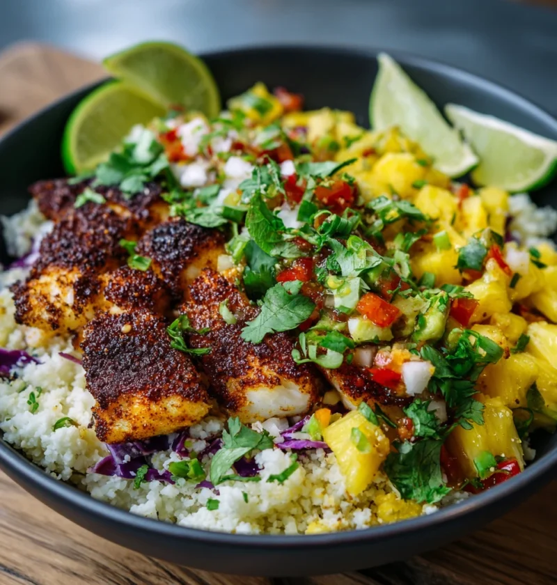 Low-carb Fish Taco Bowl Recipe Pineapple Lime Cauliflower Rice Ideas Healthy Fish Taco Bowl Cauliflower Rice Keto Fish Tac...