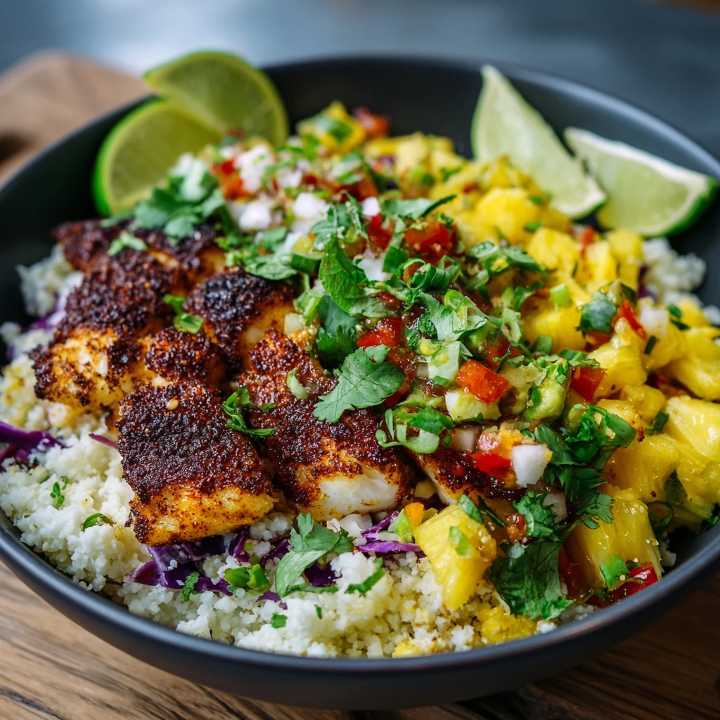Tasty Low-Carb Fish Taco Bowl with Pineapple Lime Cauliflower Rice ...