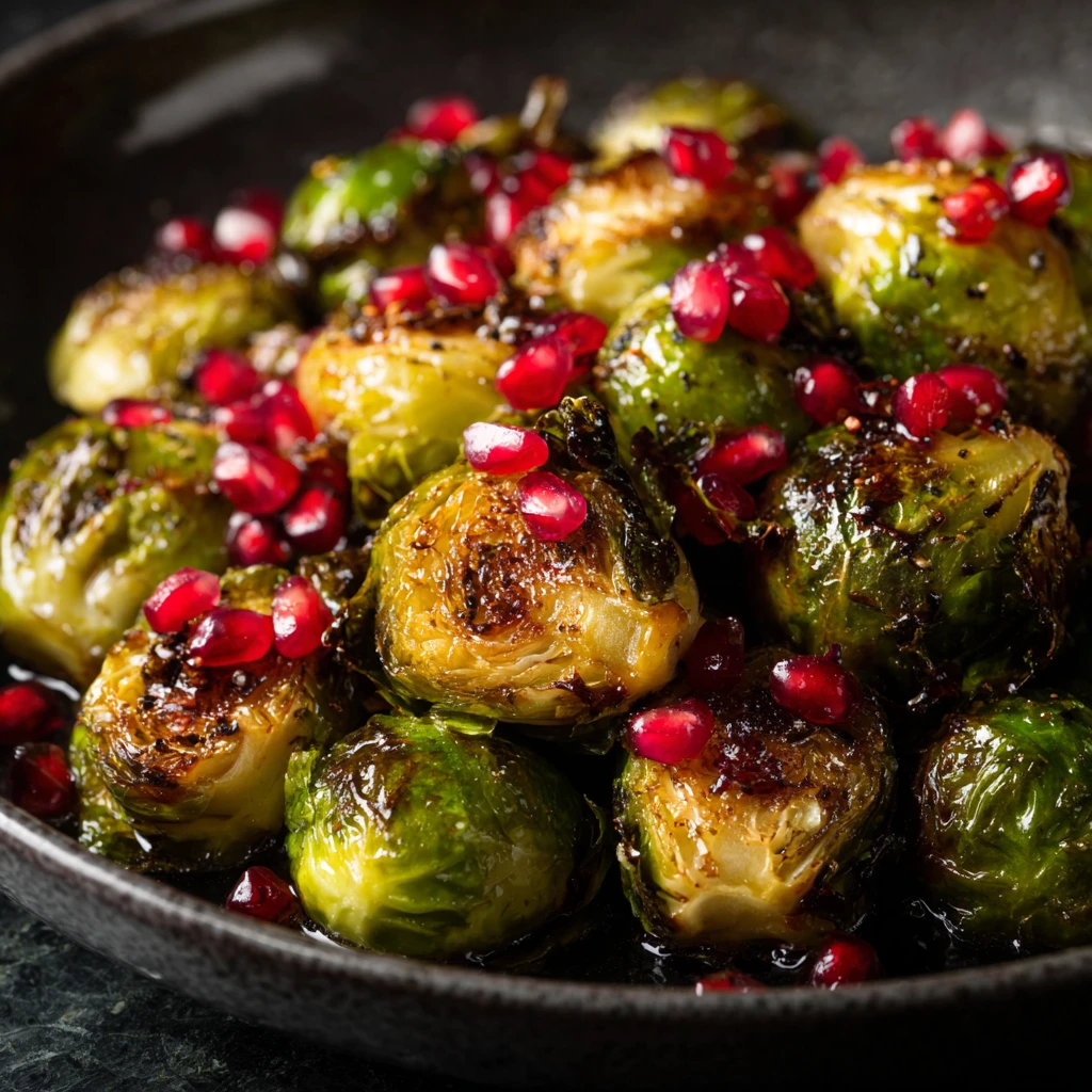 Maple dijon glazed brussels sprouts with pomegranate seeds on top