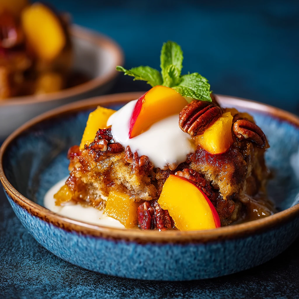 Peaches and Sour Cream Pound Cake Bread Pudding