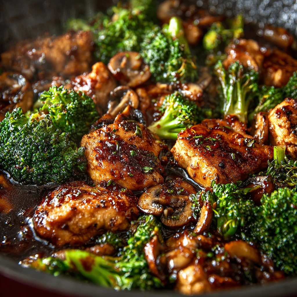 Pomegranate Ginger Chicken with Mushrooms & Roasted Broccoli