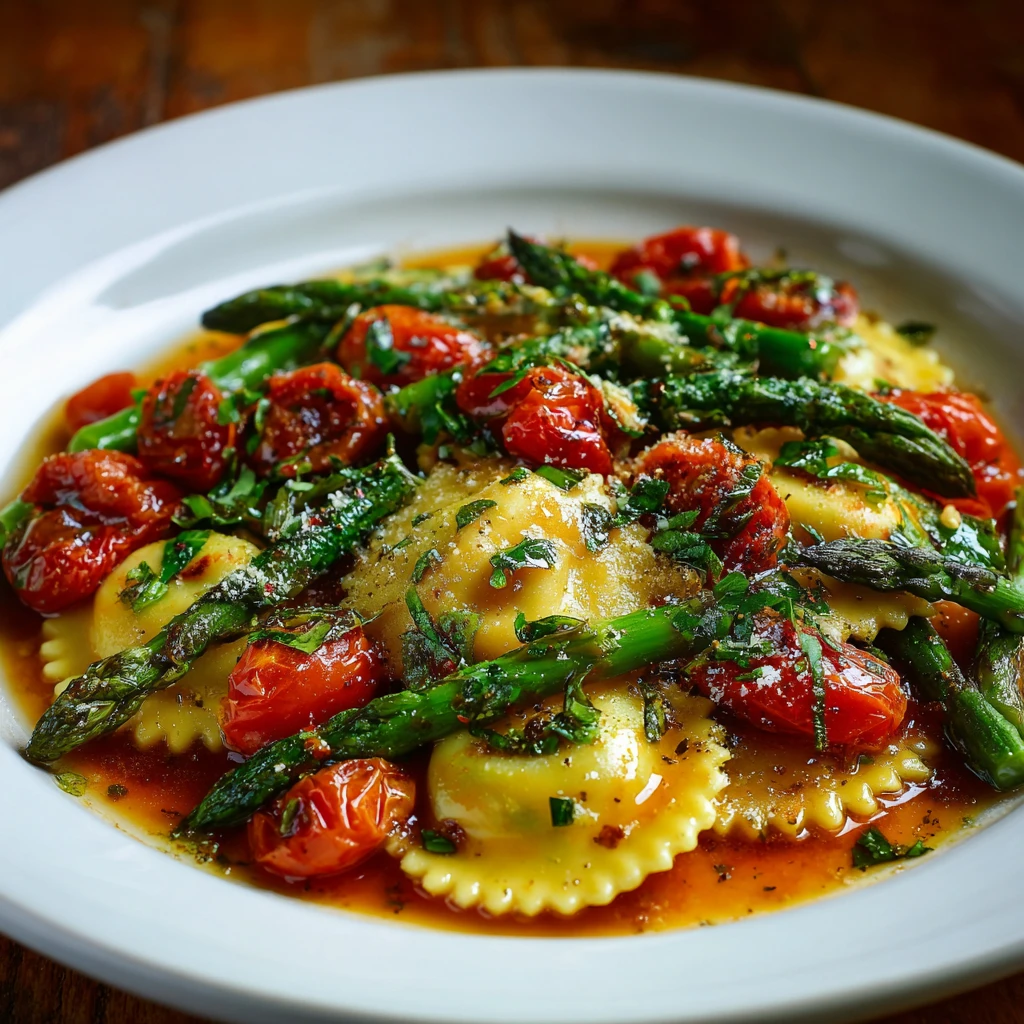 Ravioli With Tomatoes, Asparagus, Garlic, And Herbs