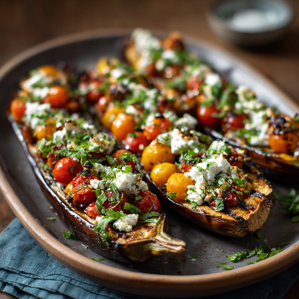 Roasted Eggplant Boats with Herbed Ricotta and Cherry Tomatoes