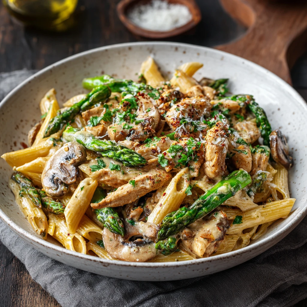 Savory Chicken Penne with Creamy Mushroom and Asparagus