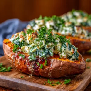 Spinach and Ricotta Stuffed Sweet Potatoes with Herb Drizzle