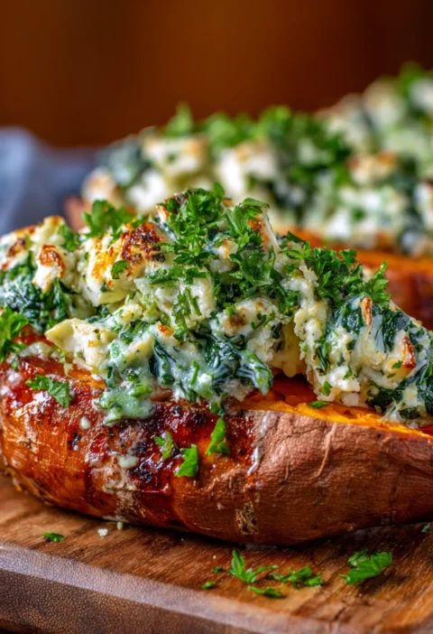 Spinach Ricotta Stuffed Sweet Potatoes Herb Drizzle
