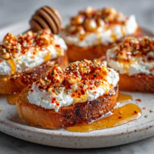 Sweet and Spicy Whipped Feta Crostini with Hot Honey Magic