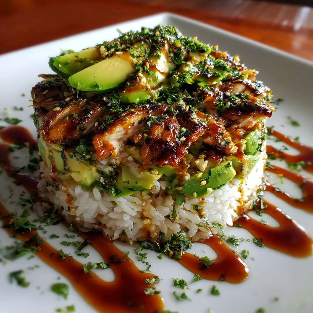 Teriyaki Chicken Avocado Rice Stack