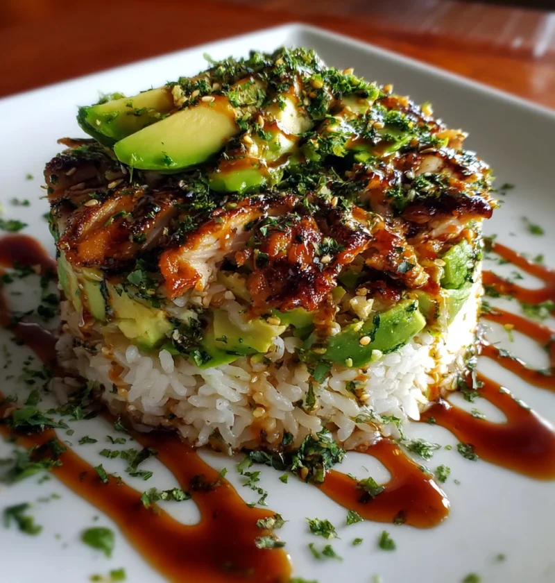 Teriyaki Chicken Avocado Rice Stack