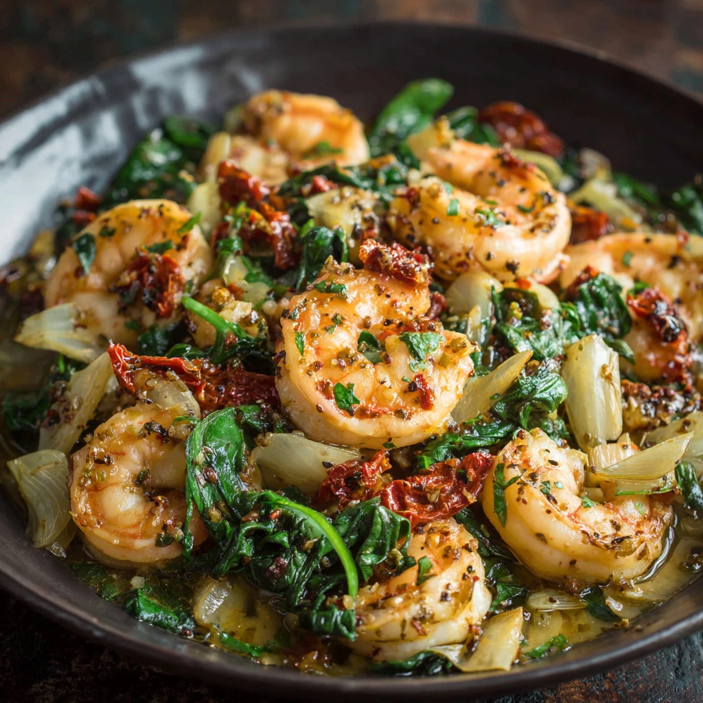 Tuscan Shrimp with Spinach, Artichokes, Sun-Dried Tomatoes