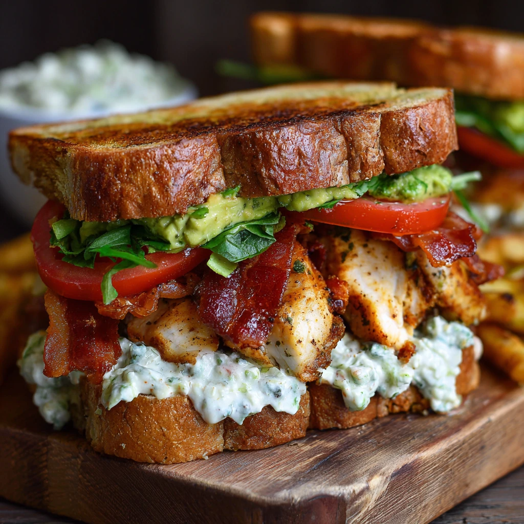 Ultimate Loaded Chicken Club Sandwich with Crispy Bacon and Avocado Ranch Spread