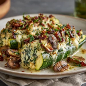 Creamy Ricotta-Stuffed Zucchini with Spinach and Mushrooms