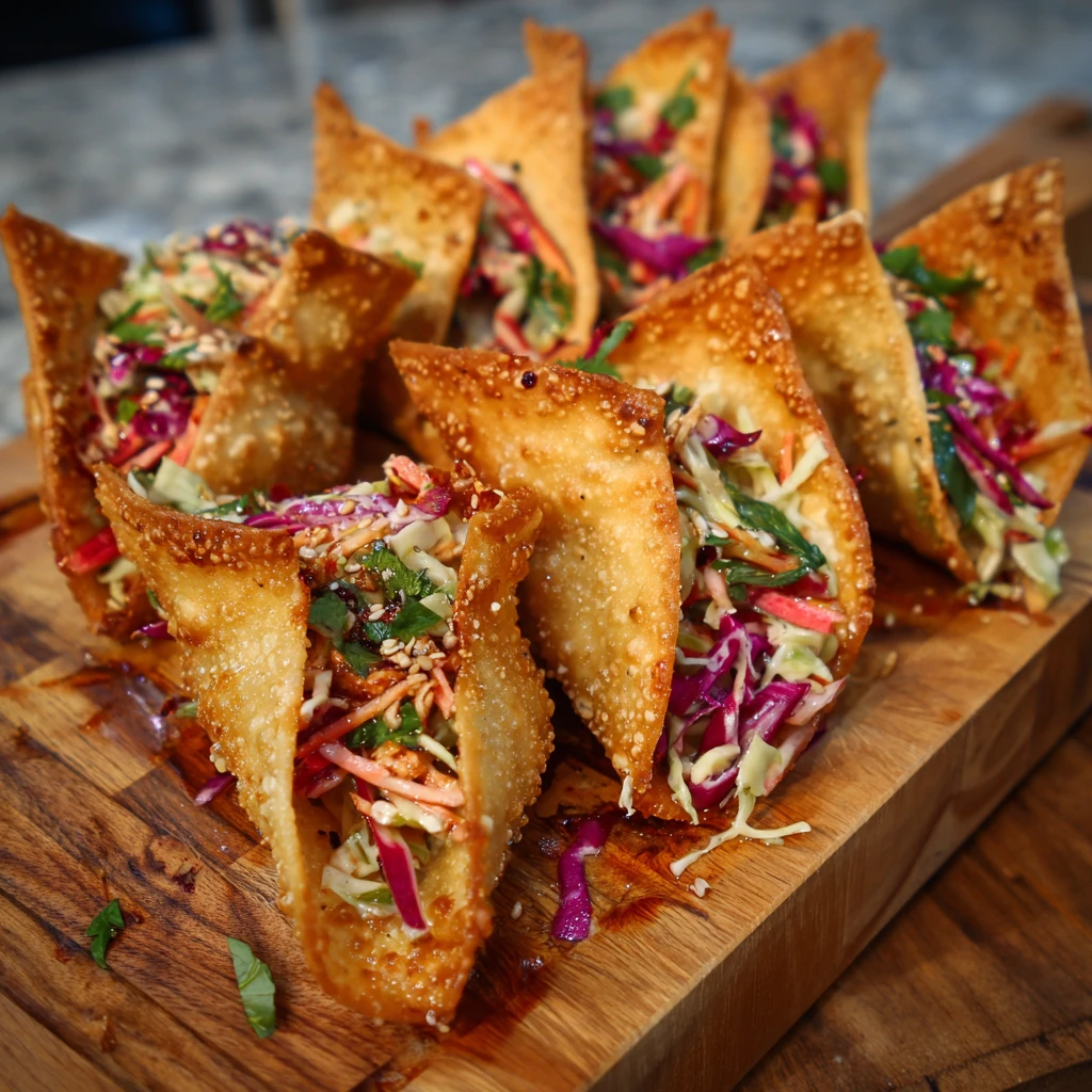 Crispy Chicken Wonton Tacos with Asian Slaw