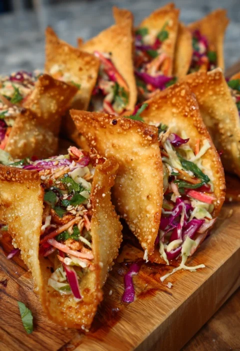 Crispy Chicken Wonton Tacos Asian Slaw