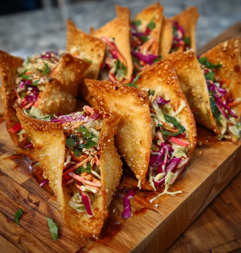 Crispy Chicken Wonton Tacos Asian Slaw