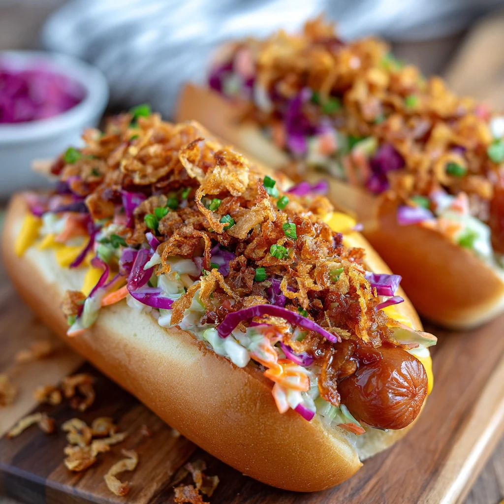 Fearless Firecracker Hot Dogs Spicy Slaw Crispy Onions