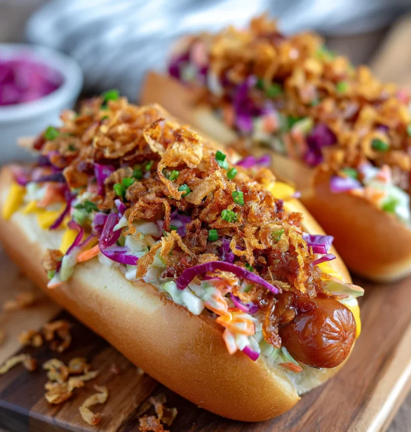 Fearless Firecracker Hot Dogs Spicy Slaw Crispy Onions