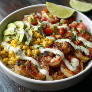 Grilled Shrimp Bowl with Avocado, Corn Salsa & Creamy Garlic Sauce