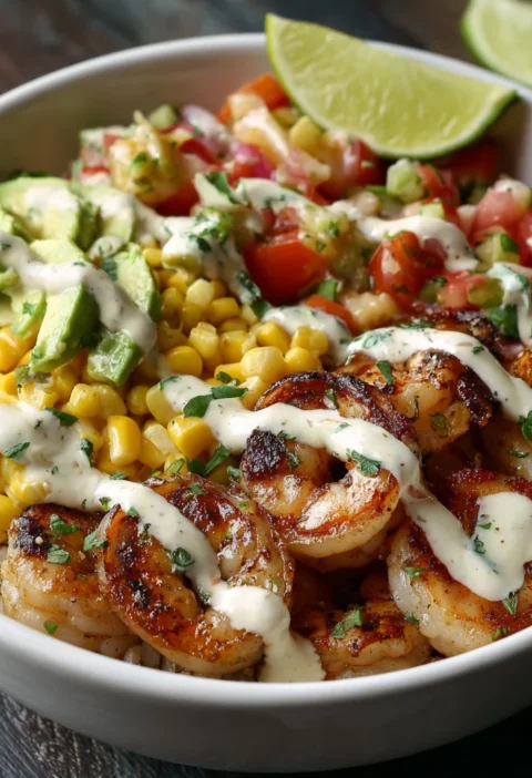 Grilled Shrimp Bowl Avocado Corn Salsa Creamy Garlic