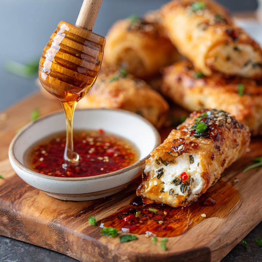 Oven-Fried Feta Rolls with Spicy Chili Honey