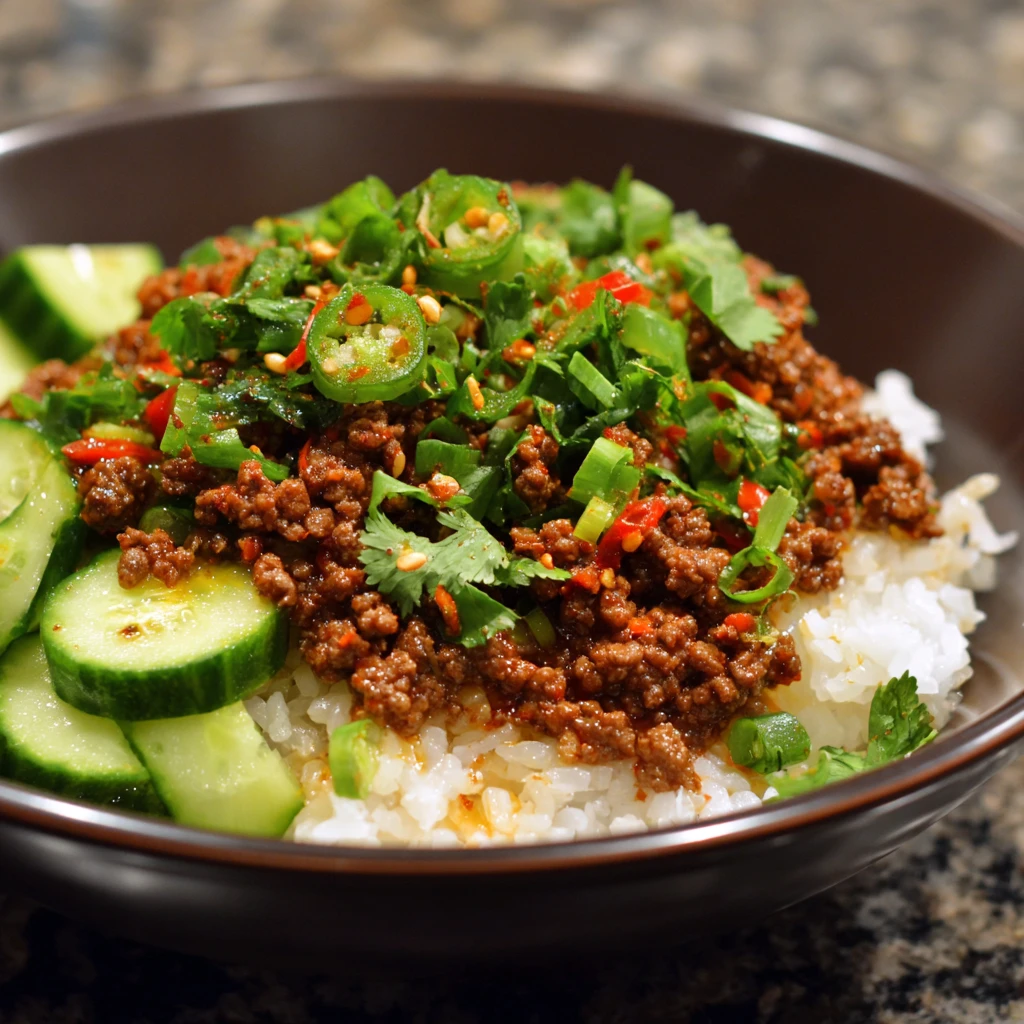 Spicy Korean Ground Beef with Cucumber Salad delights all