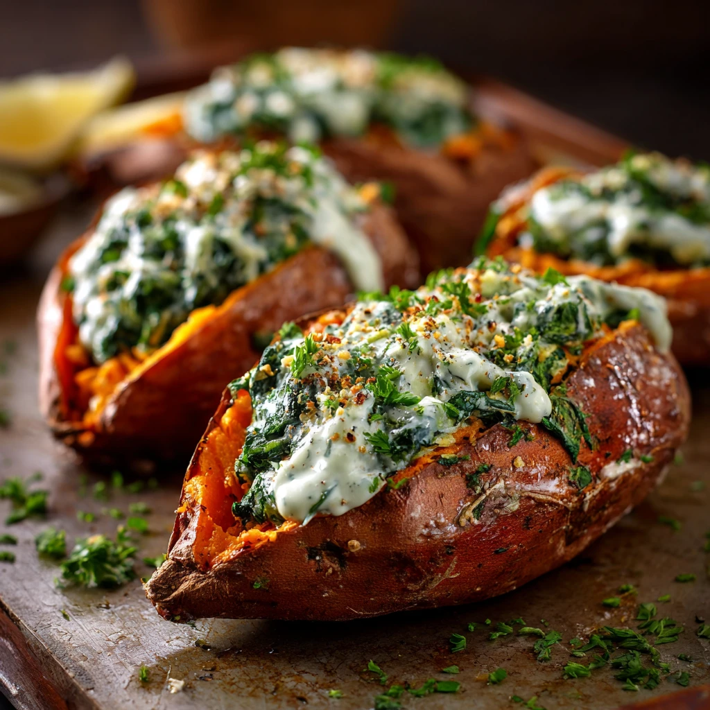 Spinach Ricotta Stuffed Sweet Potatoes with Creamy Herb Drizzle