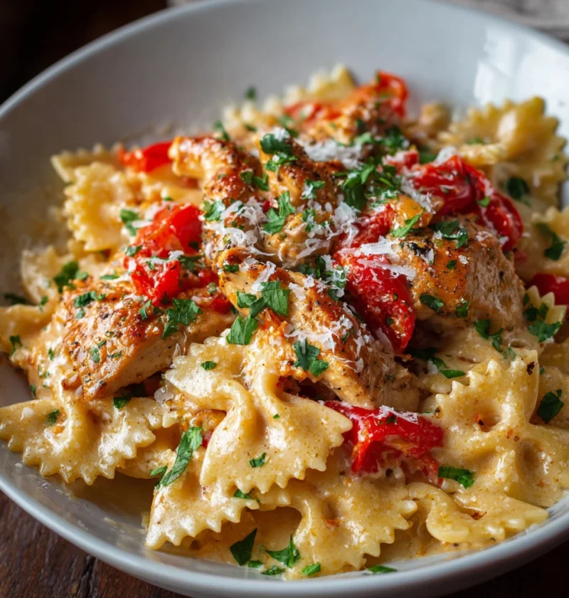 Parmesan Roasted Red Pepper Chicken Bowties Garlic Cream