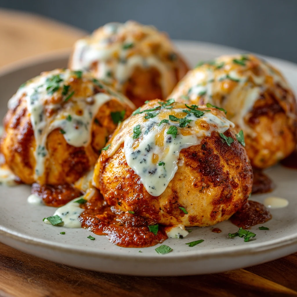 Cheesy Buffalo Ranch Chicken Bombs With Spicy Sauce