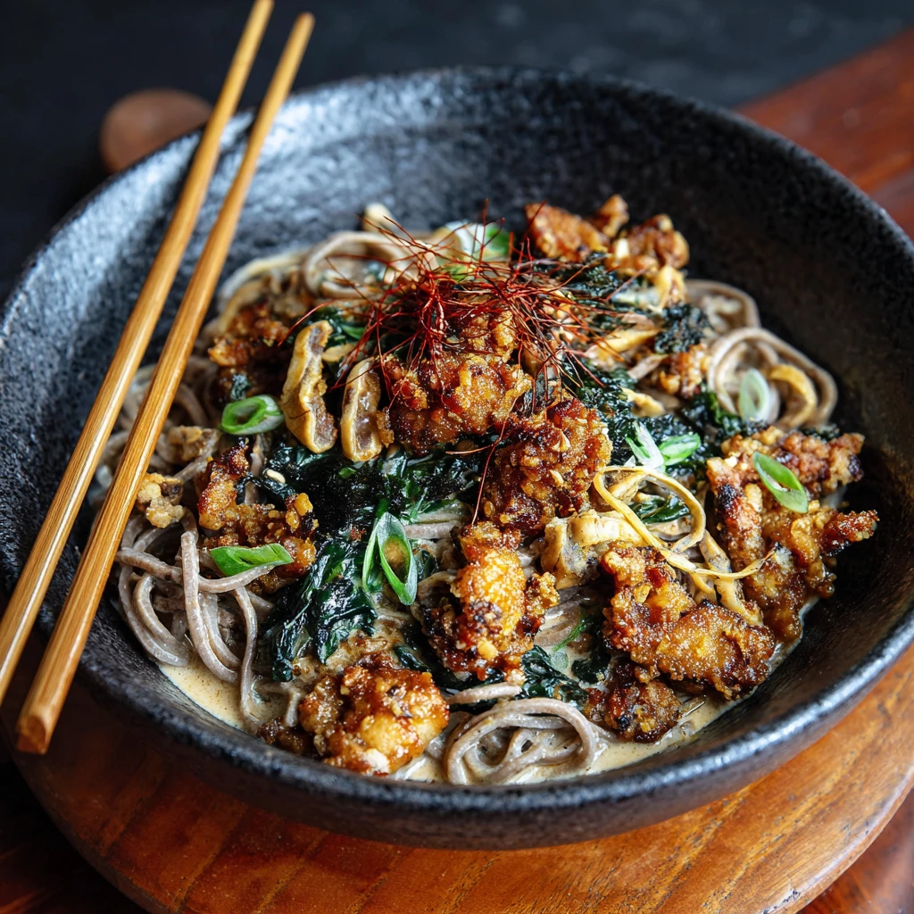 Creamy Miso Soba Noodles with Crispy Fried Pork