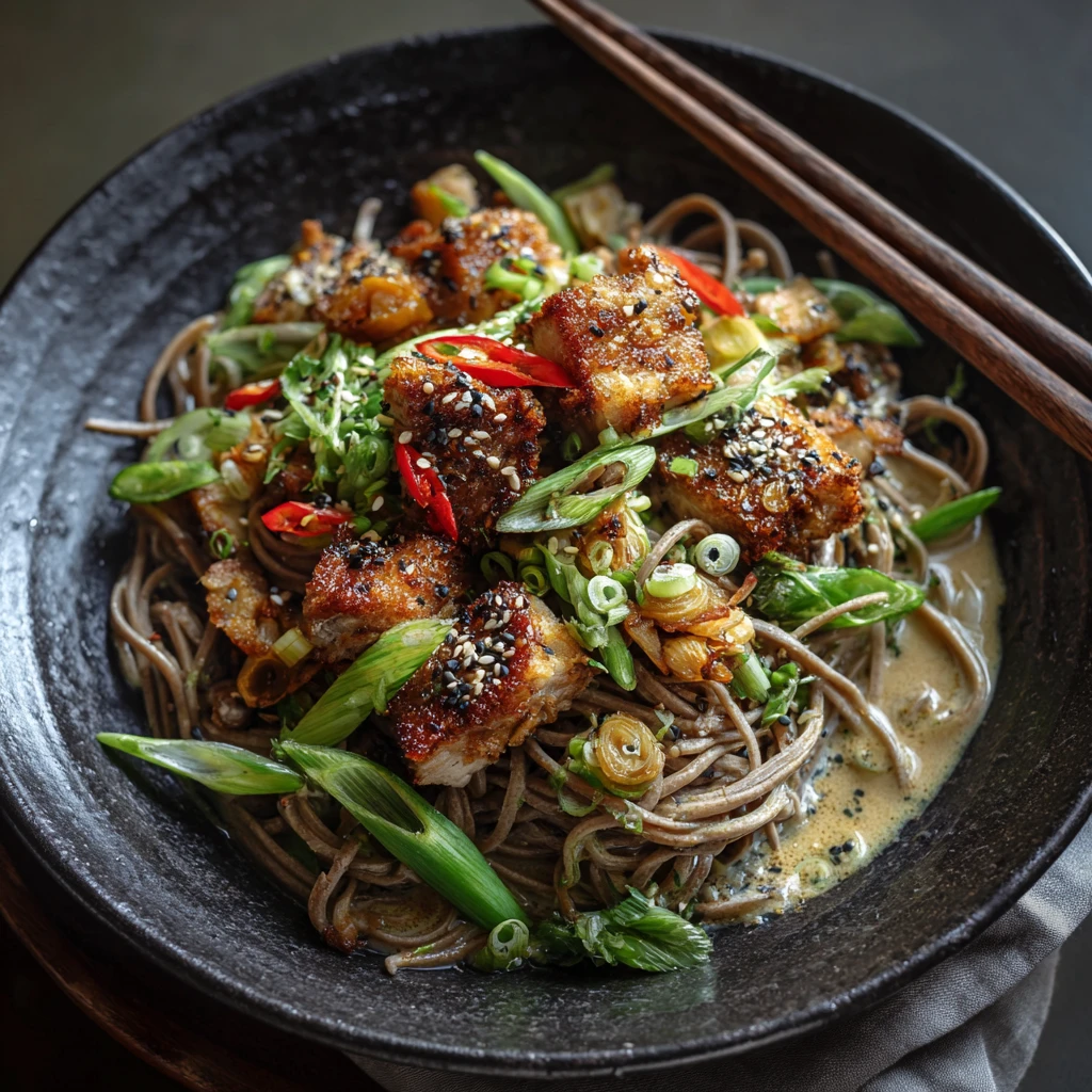 Creamy Miso Soba Noodles with Fried Pork : Perfect For Weeknight Dinner