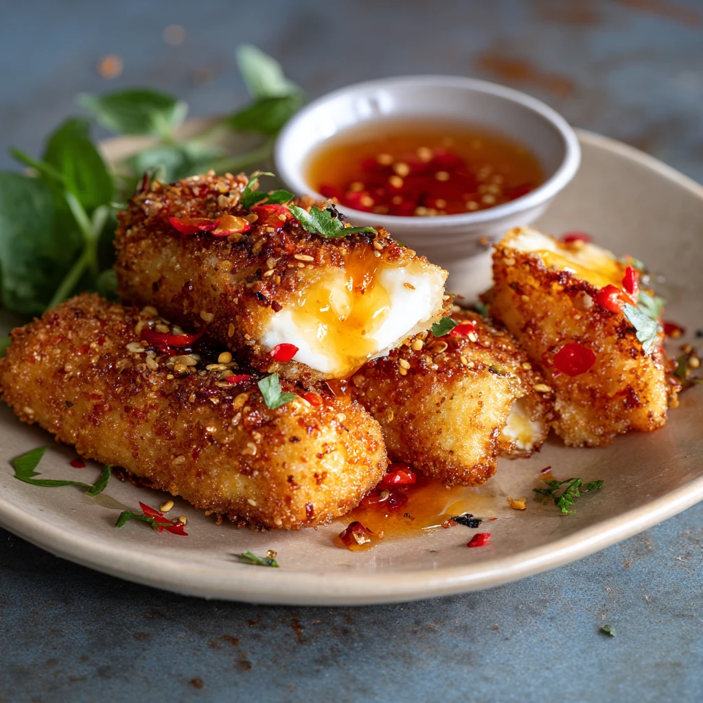 Crispy Oven-Fried Feta Rolls With Sweet Chili Honey Drizzle