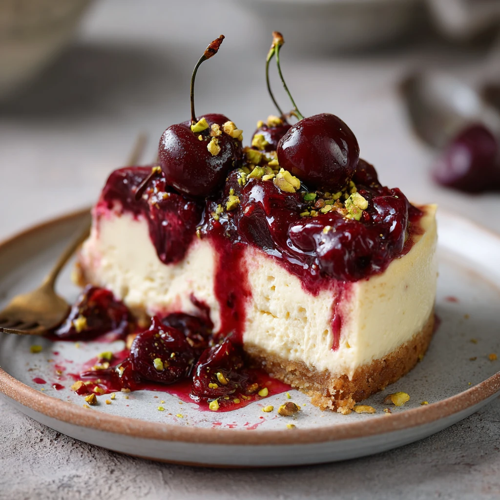 Easy , Quick Cherry & Pistachio Cheesecake