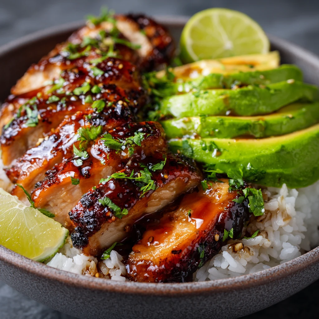 Glazed Honey Lime Chicken with Avocado and Rice Stack Dinner Bowl