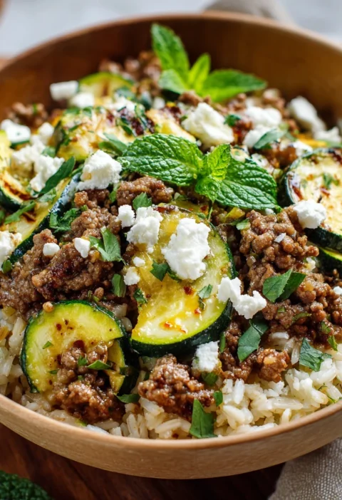 Greekstyle Beef Zucchini Rice Bowl