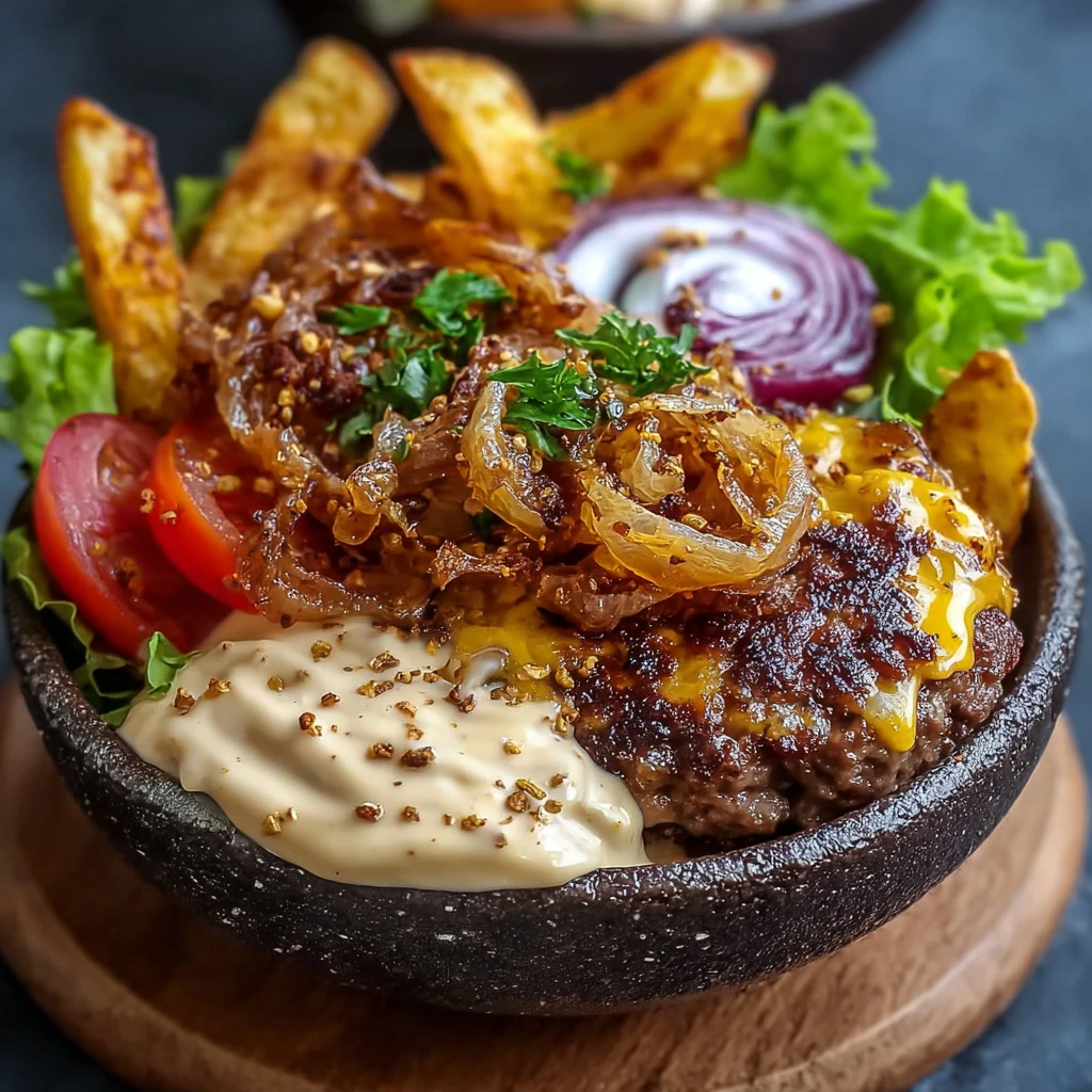 Juicy burger served bowl-style : Snack on Savory Meat
