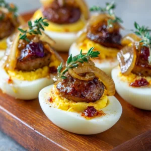 Tangy Pickled Eggs with Savory Sausage & Caramelized Onion