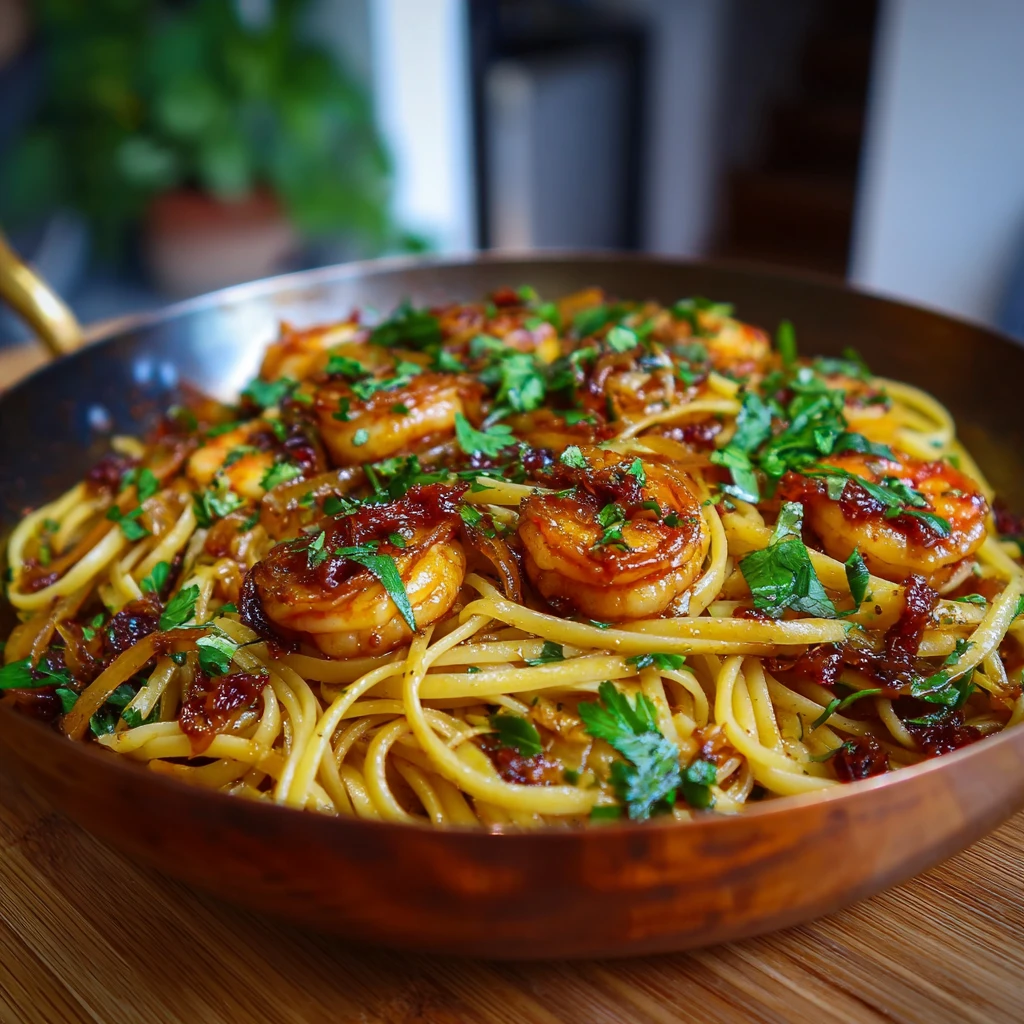 Chili Oil Caramelized Onion Shrimp Pasta