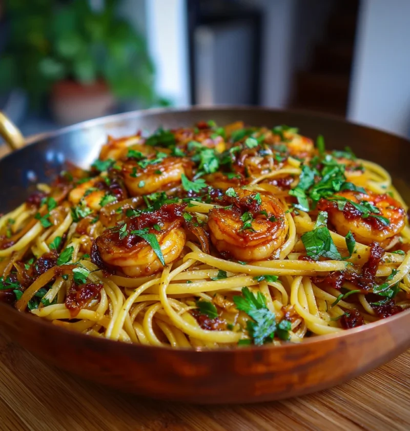 Chili Oil Caramelized Onion Shrimp Pasta