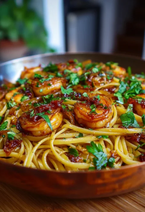 Chili Oil Caramelized Onion Shrimp Pasta
