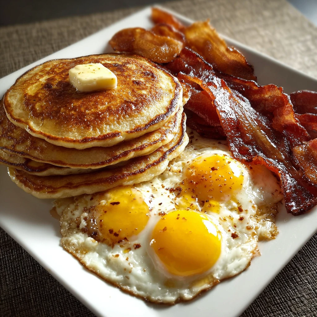 Classic Pancakes, Eggs & Crispy Bacon Breakfast