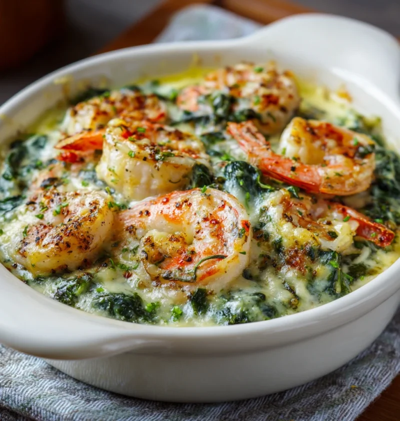 Creamy Ovenbaked Shrimp Spinach Gratin