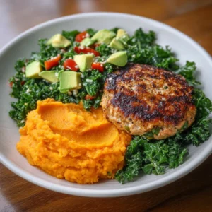 Creamy Sweet Potato Mash, Kale Salad, Avocado and Juicy Turkey Burger