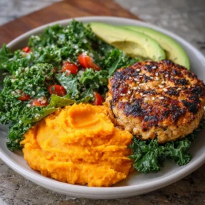 Creamy Sweet Potato Mash, Kale Salad, Avocado & Juicy Turkey Burger.