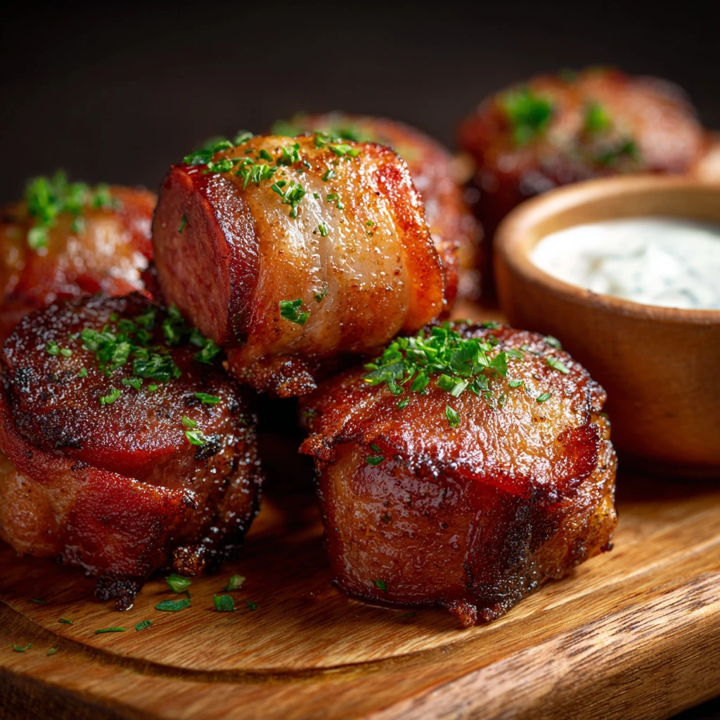 Crispy Bacon Wrapped Kielbasa Bites