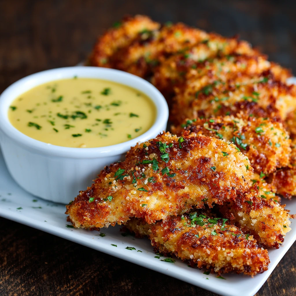 Crispy Garlic Parmesan Chicken Tenders with Honey Mustard Dip