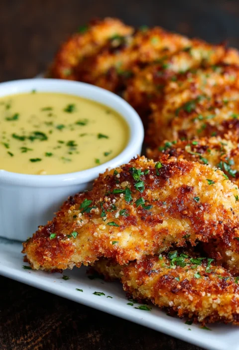 Crispy Garlic Parmesan Chicken Tenders Honey Mustard Dip