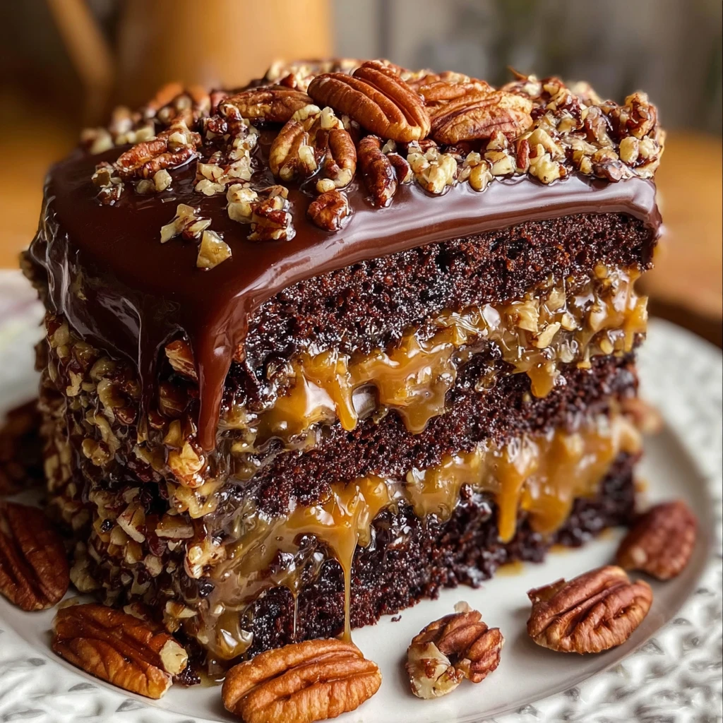 Easy Turtle Cake with Chocolate, Caramel, and Pecans