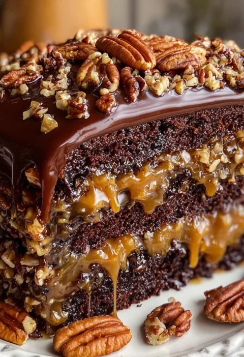 Turtle Cake Chocolate Caramel Pecans